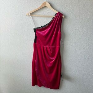 Lulu's One-Shoulder Fuchsia Velvet Dress with Black Lace